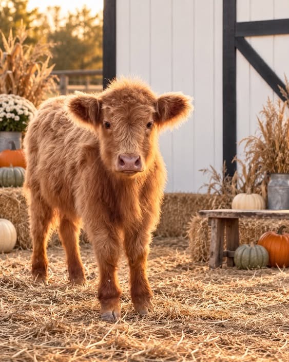 A fluffy red Highland calf standing in the straw among pumpkins and hay bales