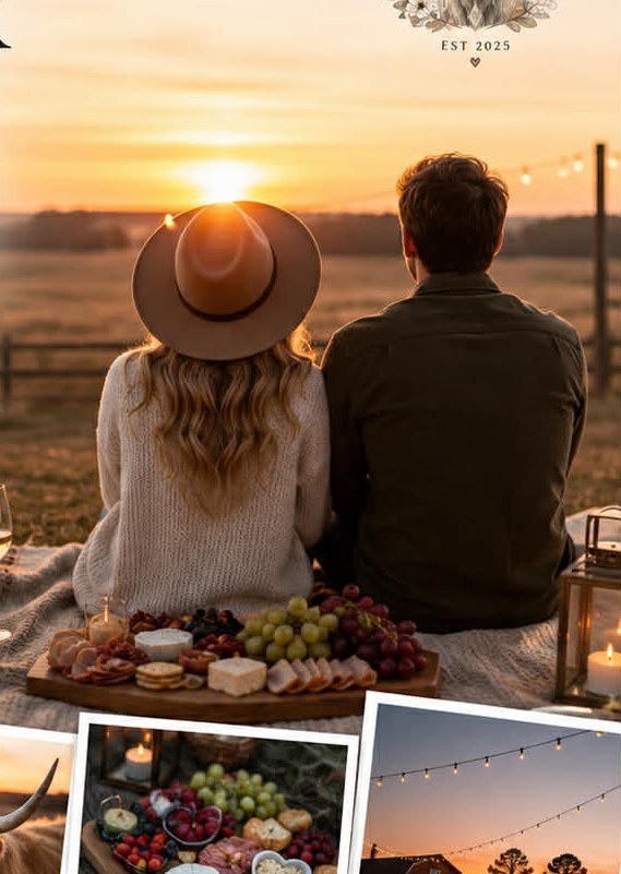 A couple watching the sunset over a charcuterie spread